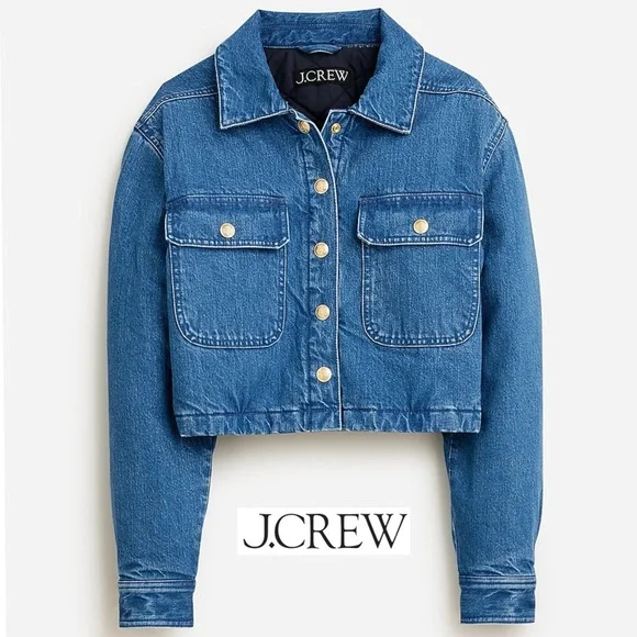 J Crew Cropped Denim Puffer Jacket Blue Quilted Jean Coat 90s Street Style S - Picture 2 of 13